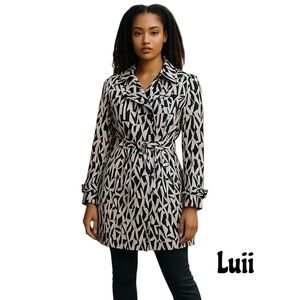 Luii Black And White Animal Print Belted Short Trench Coat Jacket NWT Size M